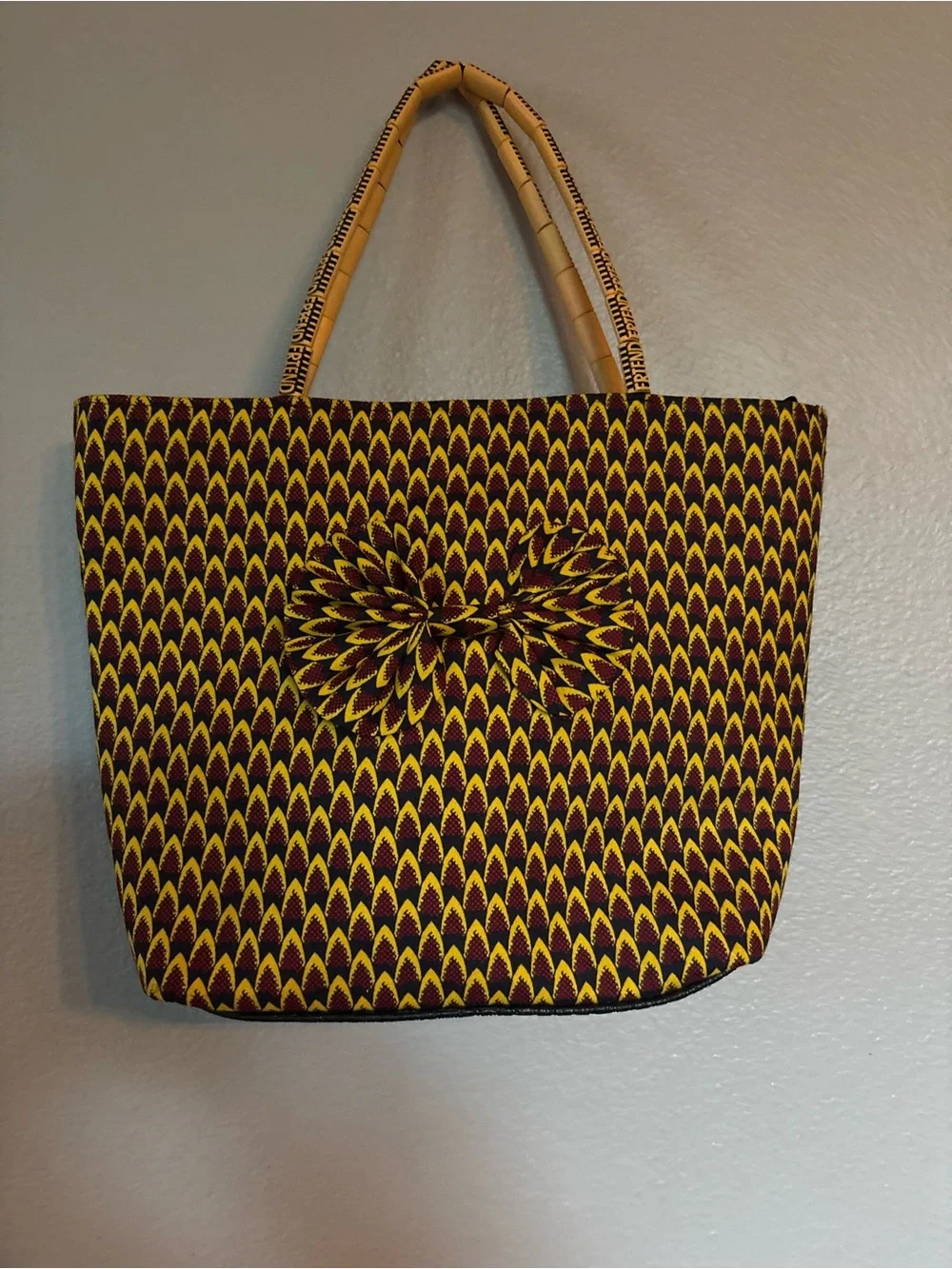 Printed Yellow & Maroon Tote Bag with Decorative Bow